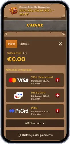 Page de dépôt et caisse du casino Lizaro
