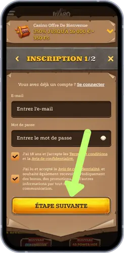 Formulaire d’inscription étape 1/2 avec champs email et mot de passe